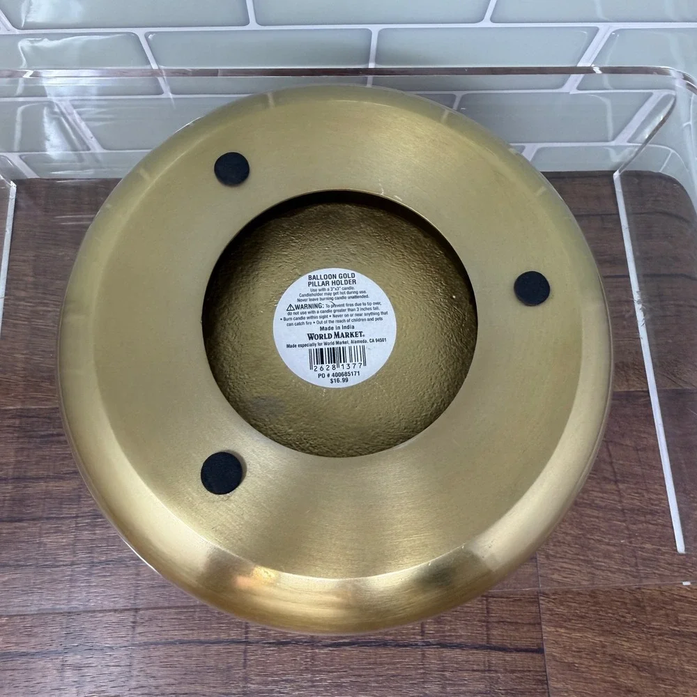 World Market Balloon Gold Pillar Candle Holder – Modern Brass Tone Trinket Dish
